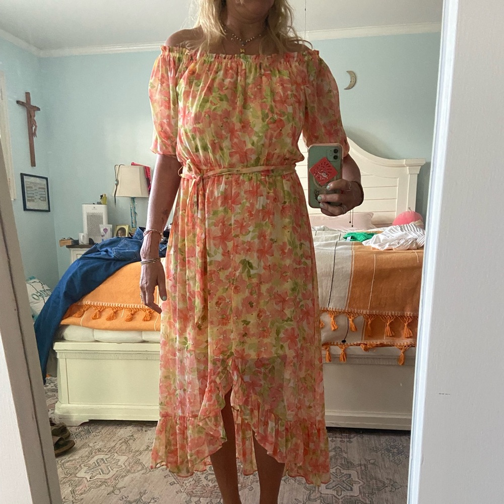 Floral Midi Dress in Pink and Peach - Women's Summer Dress